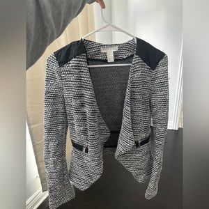 Black white tweed faux leather zipper blazer